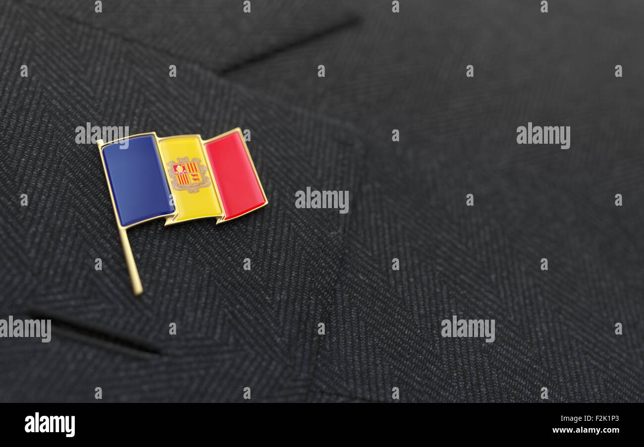 Andorra flag lapel pin on the collar of a business suit jacket shows patriotism Stock Photo