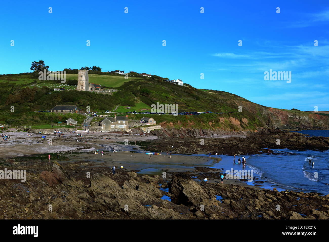 Wembury Church, Cafe and National Trust Cottage overlooking National Trust Wembury Beach, Devonshire Coast, South West England Stock Photo