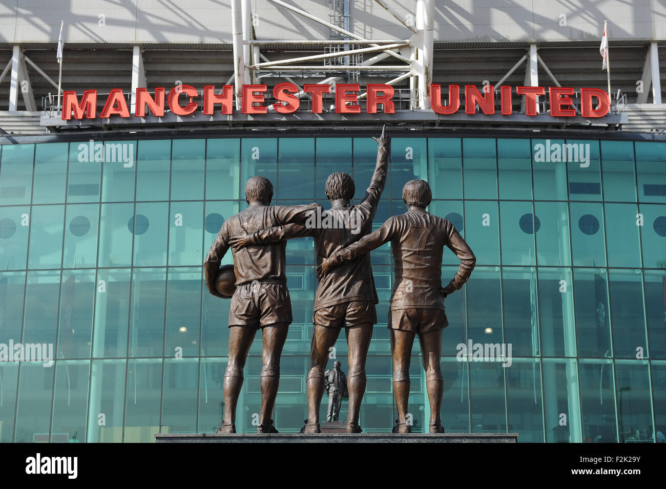 The United Trinity outside Manchester United Football Club Stadium Old Trafford, Manchester Stock Photo