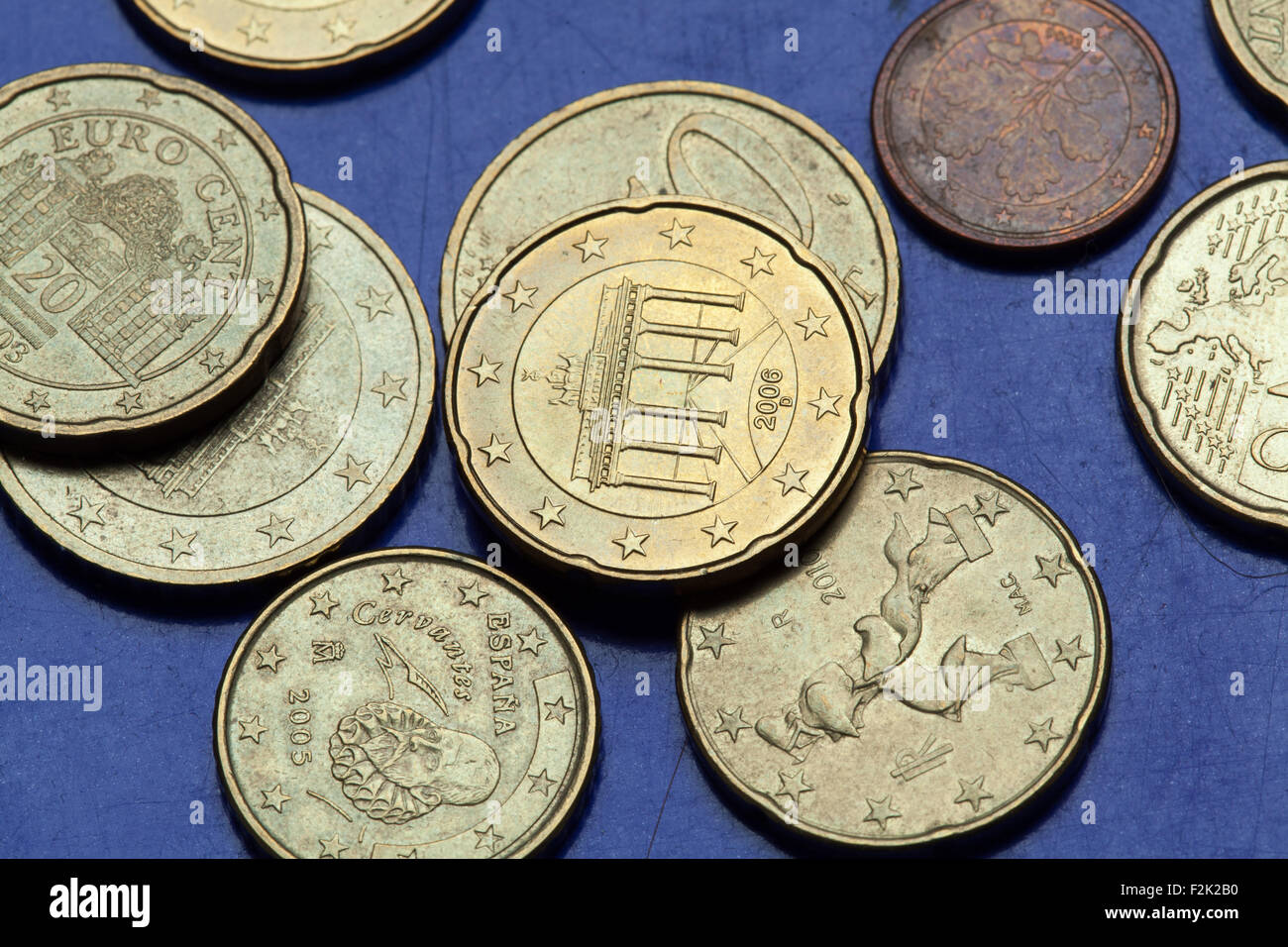 Brandenburg Gate in Berlin, Germany, depicted in the 20 eurocent coin. Coins of the European Union. Stock Photo