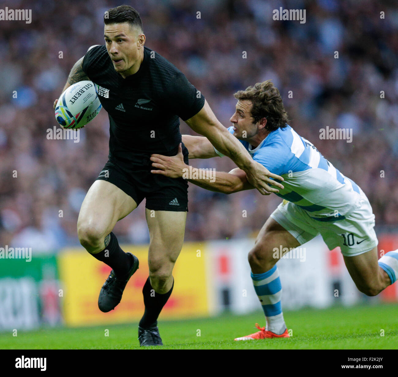 London, UK. 20th Sep, 2015. Rugby World Cup. New Zealand versus Argentina. New Zealand replacement back Sonny Bill Williams beats the tackle of Argentina outhalf Nicolas Sanchez Credit:  Action Plus Sports/Alamy Live News Stock Photo