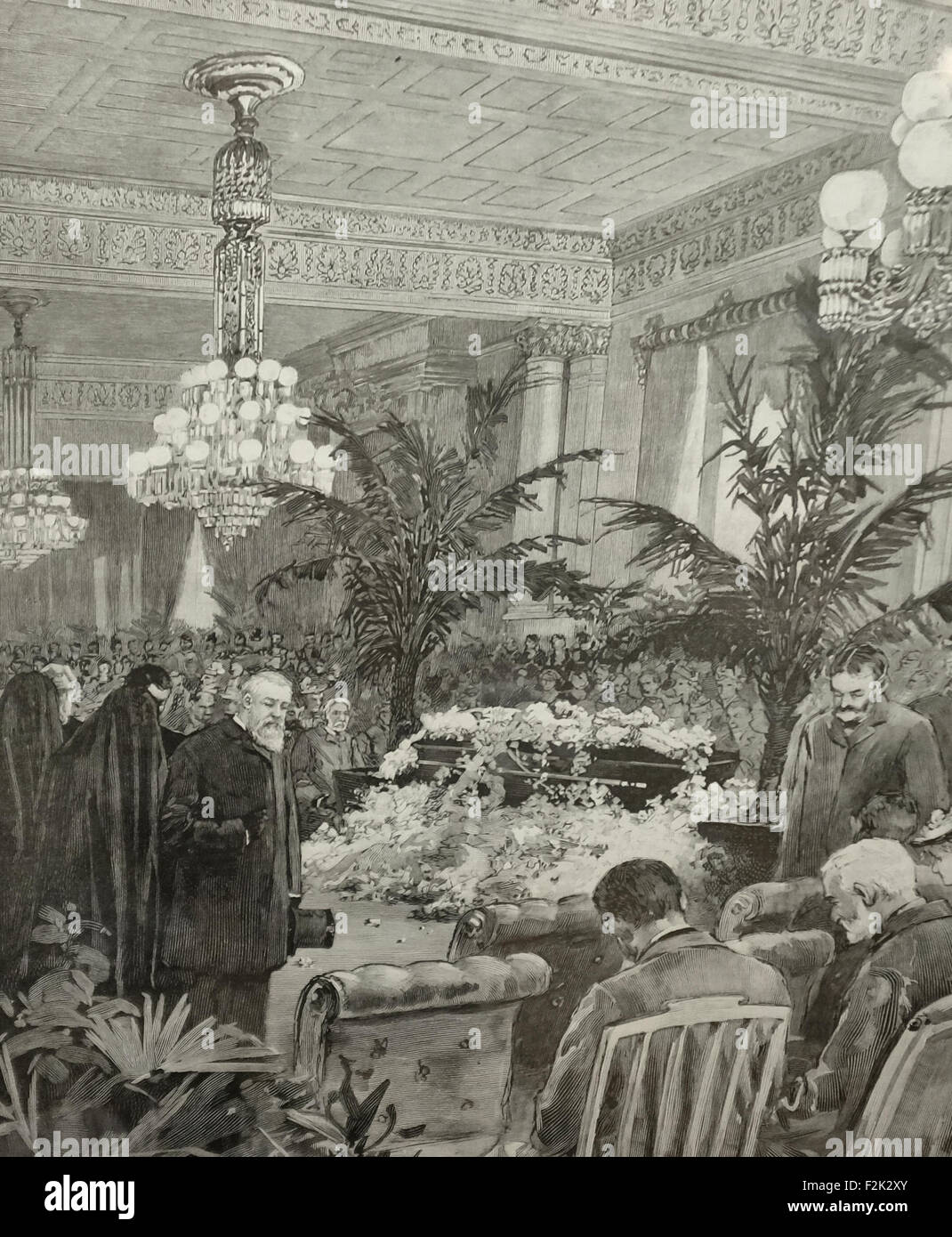 The obsequies of Mrs Harrison in the East Room of the White House, Washington, DC, Funeral of the wife of President Benjamin Harrison, 1892 Stock Photo