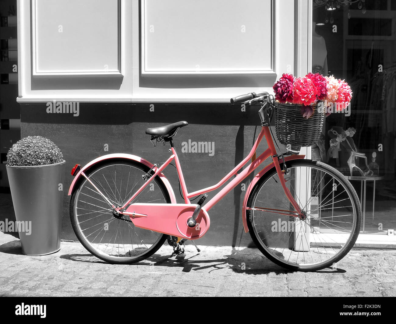 This vintage pink girls bicycle has beautiful pink flowers in a basket on the front of the bike Stock Photo