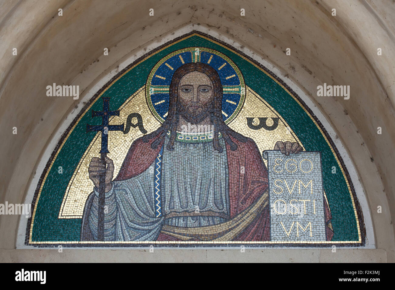 Jesus Christ. Mosaic by the Beuron Art School from the 1910s over the main entrance to the Church of Blessed Virgin Mary and the Slavic Saints of the Emmaus Monastery (Na Slovanech) in Prague, Czech Republic. Stock Photo