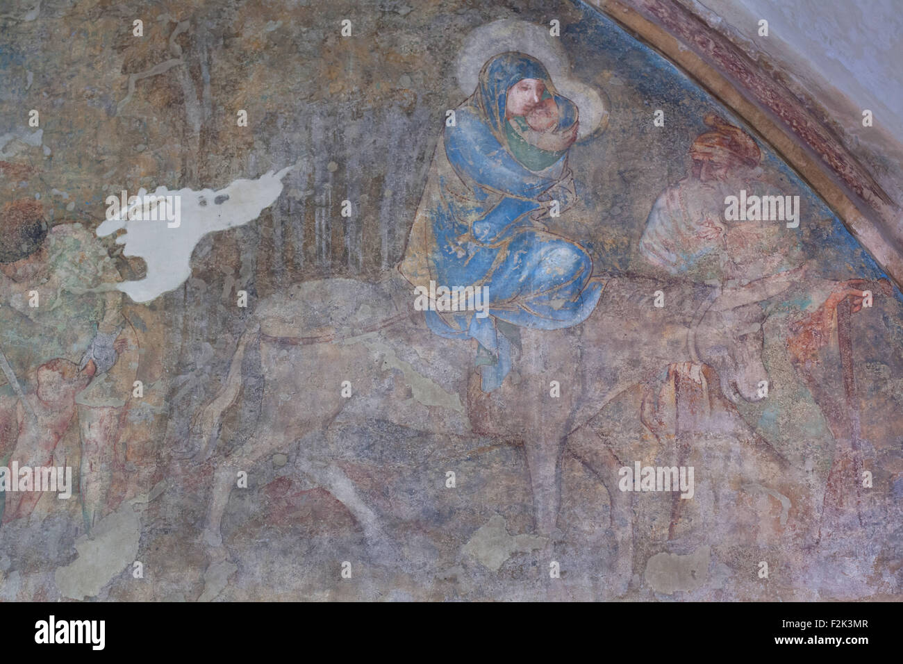 Flight into Egypt. Gothic mural painting from the 14th century known as