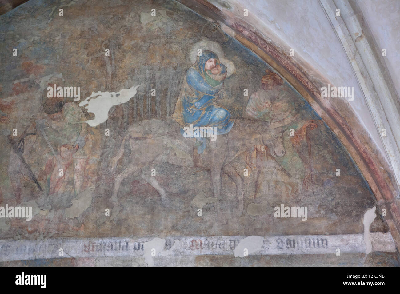 Flight into Egypt. Gothic mural painting from the 14th century known as