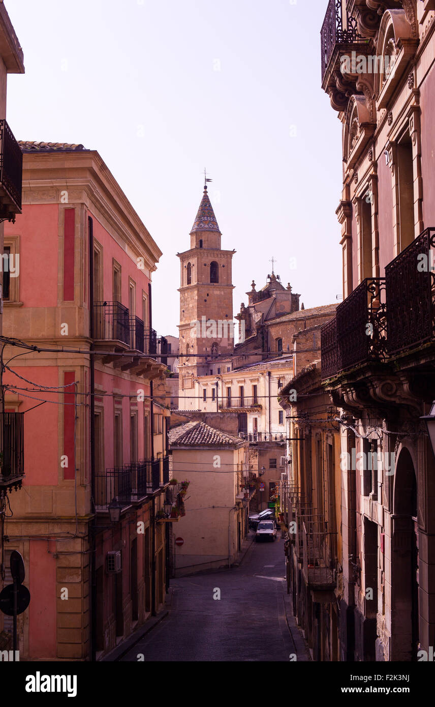 View of bell tower in the Agira street, little town in the centre of Sicily. Stock Photo