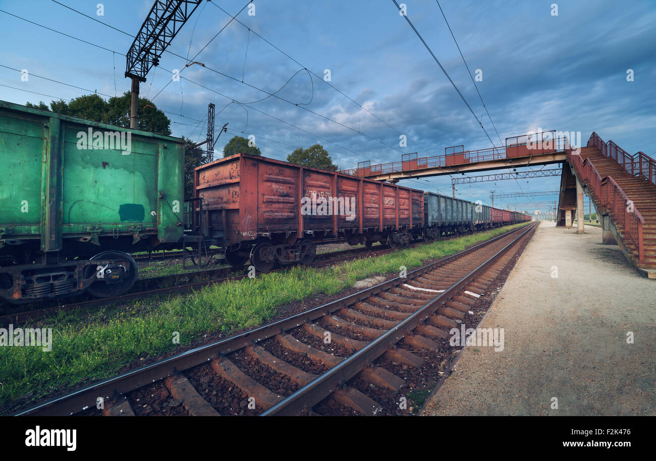 Cargo train platform at sunset. Railroad in Ukraine. Railway station ...