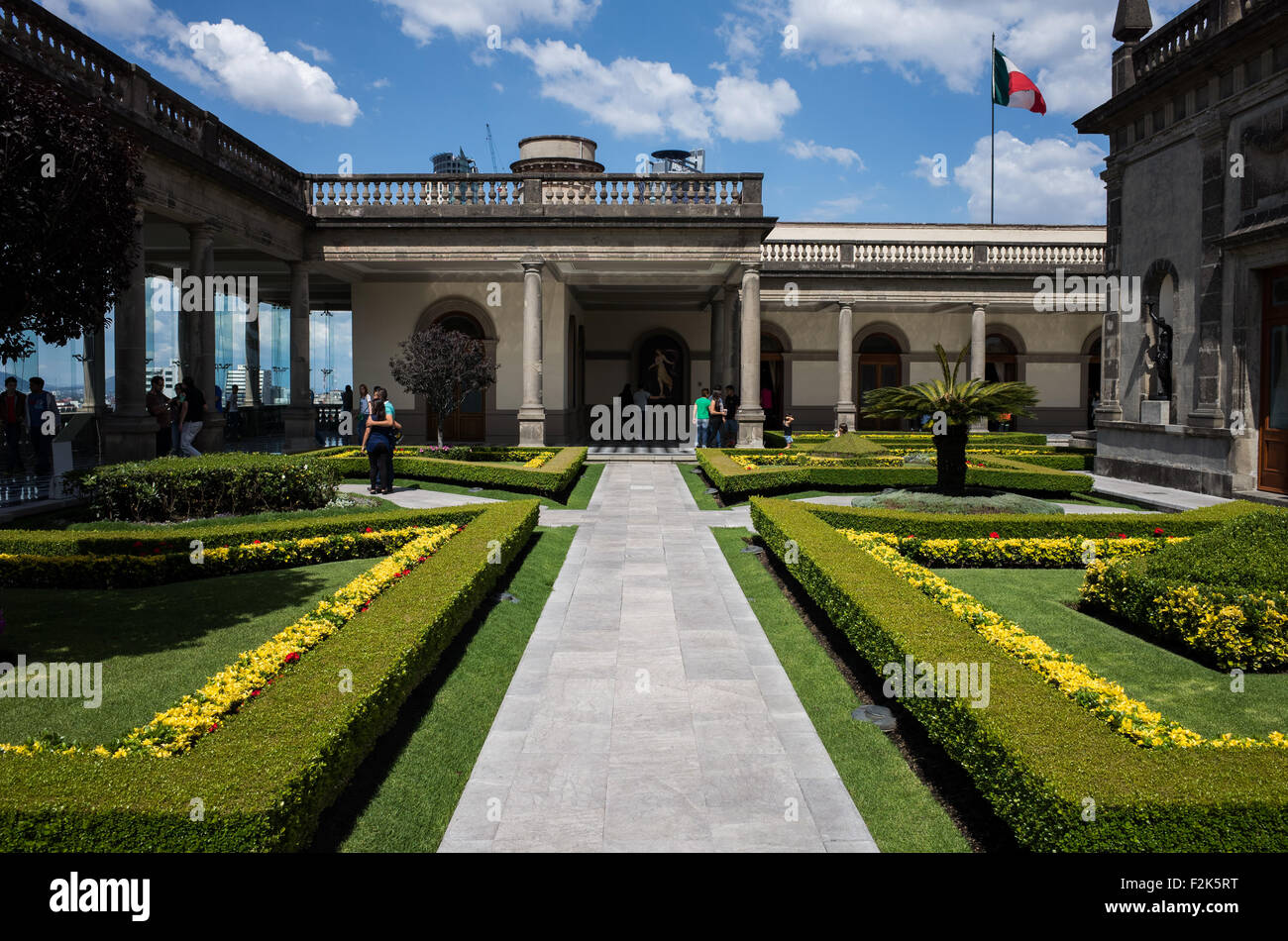 MEXICO City, Mexico - Gardens at Chapultepec Castle. Since construction first started around 1785, Chapultepec Castle has been a Military Academy, Imperial residence, Presidential home, observatory, and is now Mexico's National History Museum (Museo Nacional de Historia). It sits on top of Chapultepec Hill in the heart of Mexico City. Stock Photo