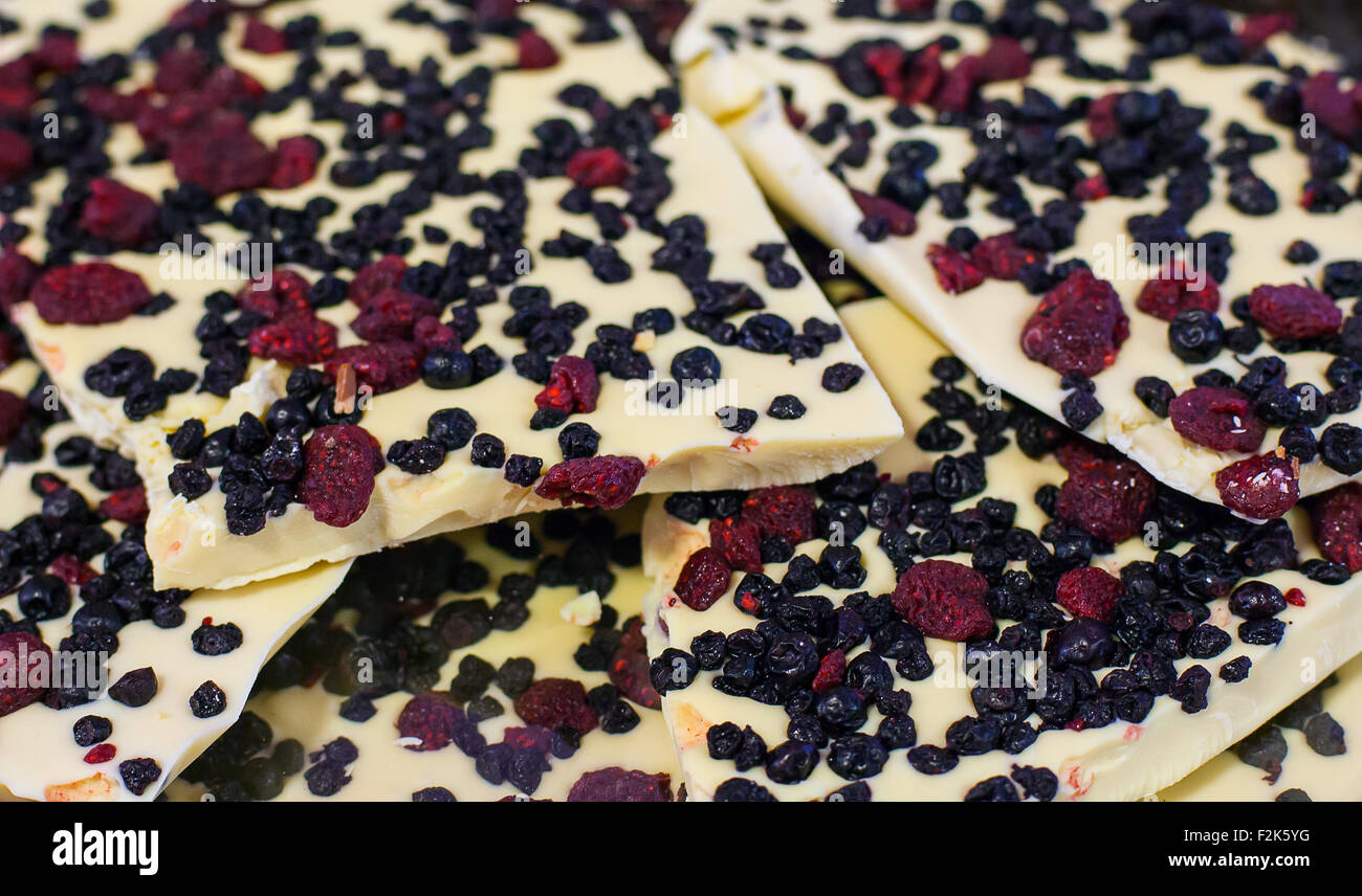 Close up of milk chocolate with mixed berries Stock Photo
