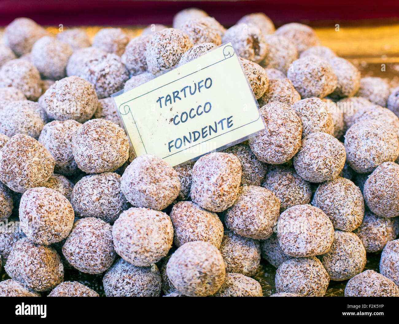 Close up of delicious balls of chocolate with trufffle and coconuts Stock Photo