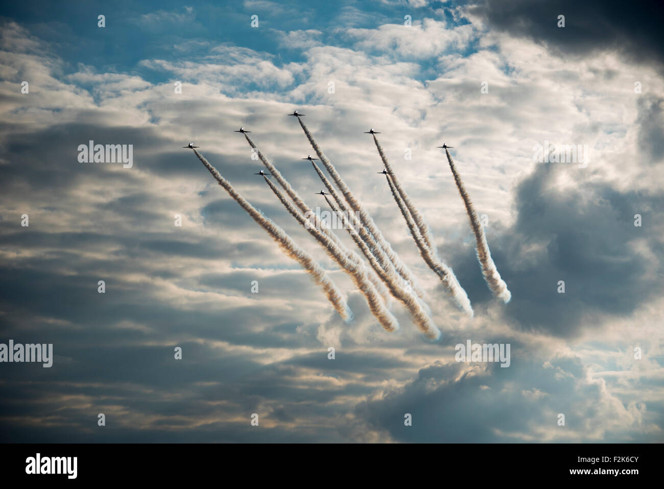 Duxford, UK. 20th Sep, 2015. Red arrows and Spitfires at the Duxford Battle of Britain airshow, Sunday 20th Sept - Stock Image