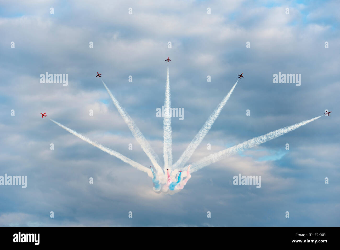 Duxford, UK. 20th Sep, 2015. Red arrows and Spitfires at the Duxford Battle of Britain airshow, Sunday 20th Sept - Stock Image