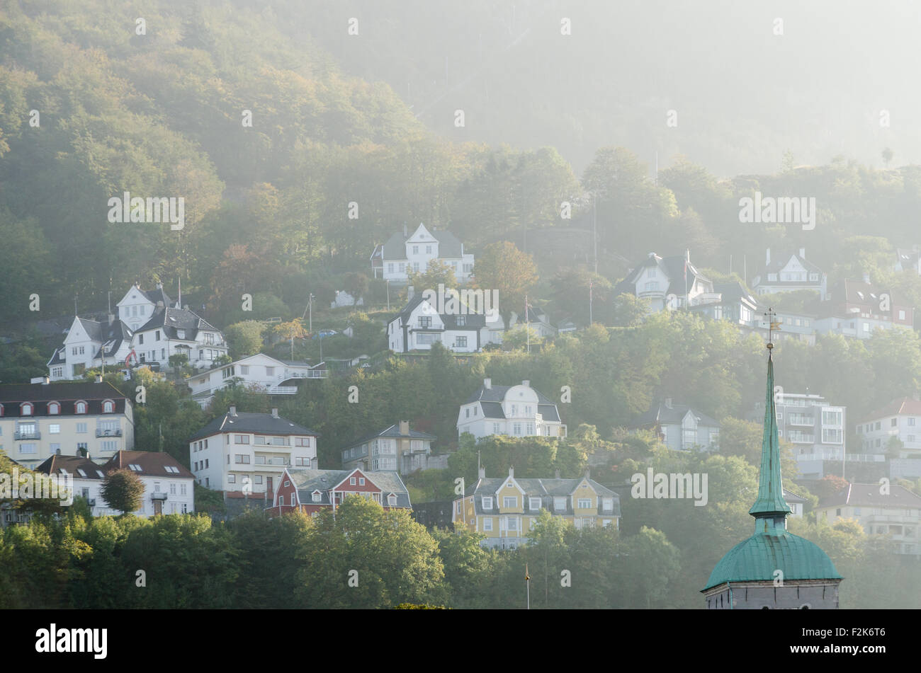 Small houses on hills around harbor of Bergen, Norway. Stock Photo
