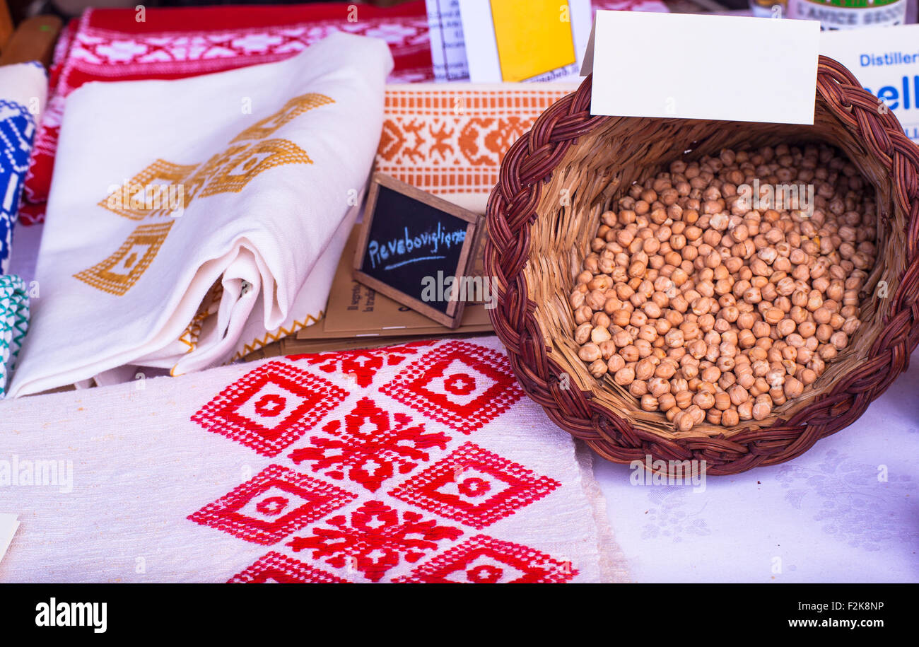 View of chickpea or garbanzo beans inside the wicker basket Stock Photo