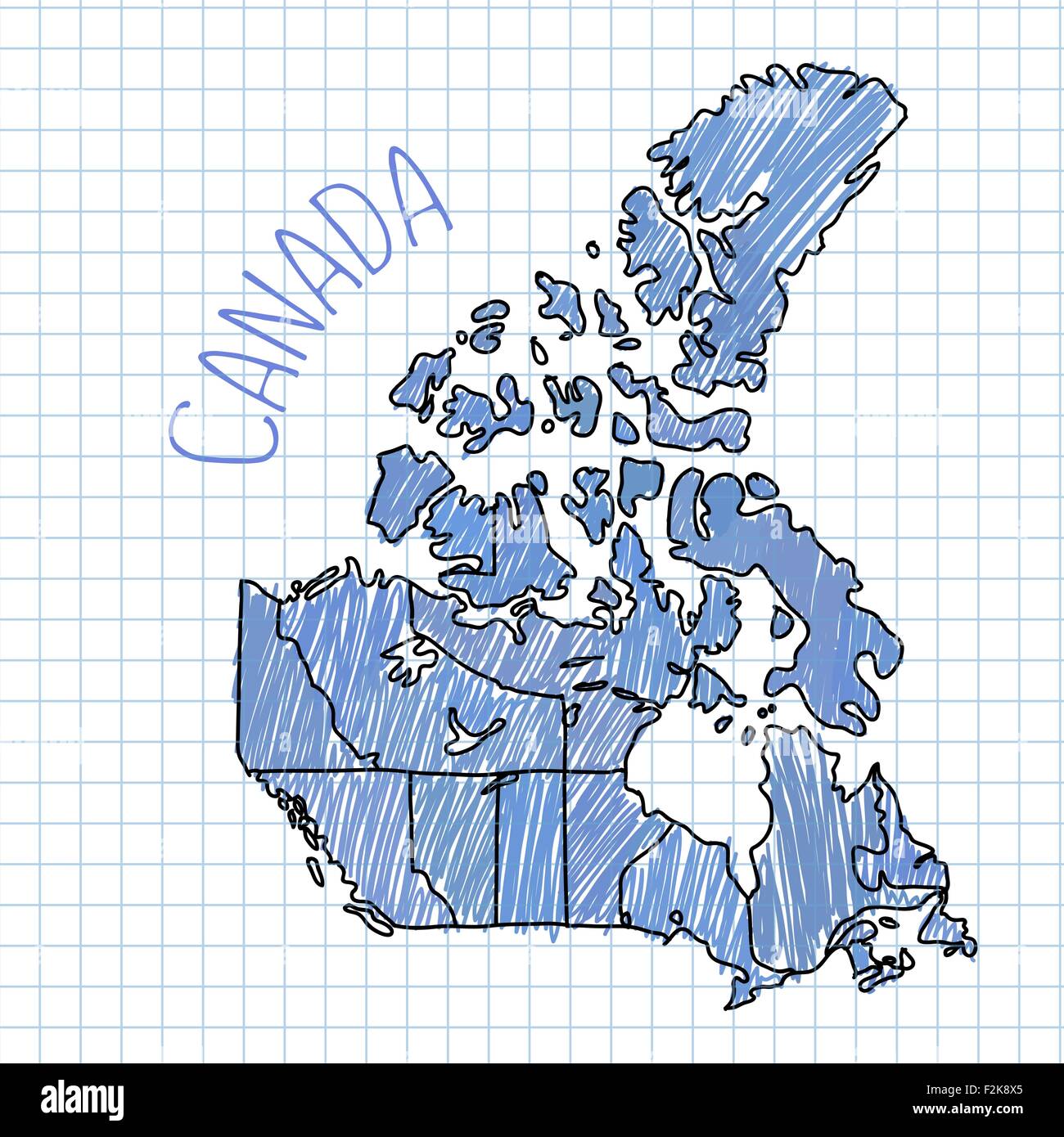Blue pen hand drawn Canada map vector on paper illustration. Stock Vector
