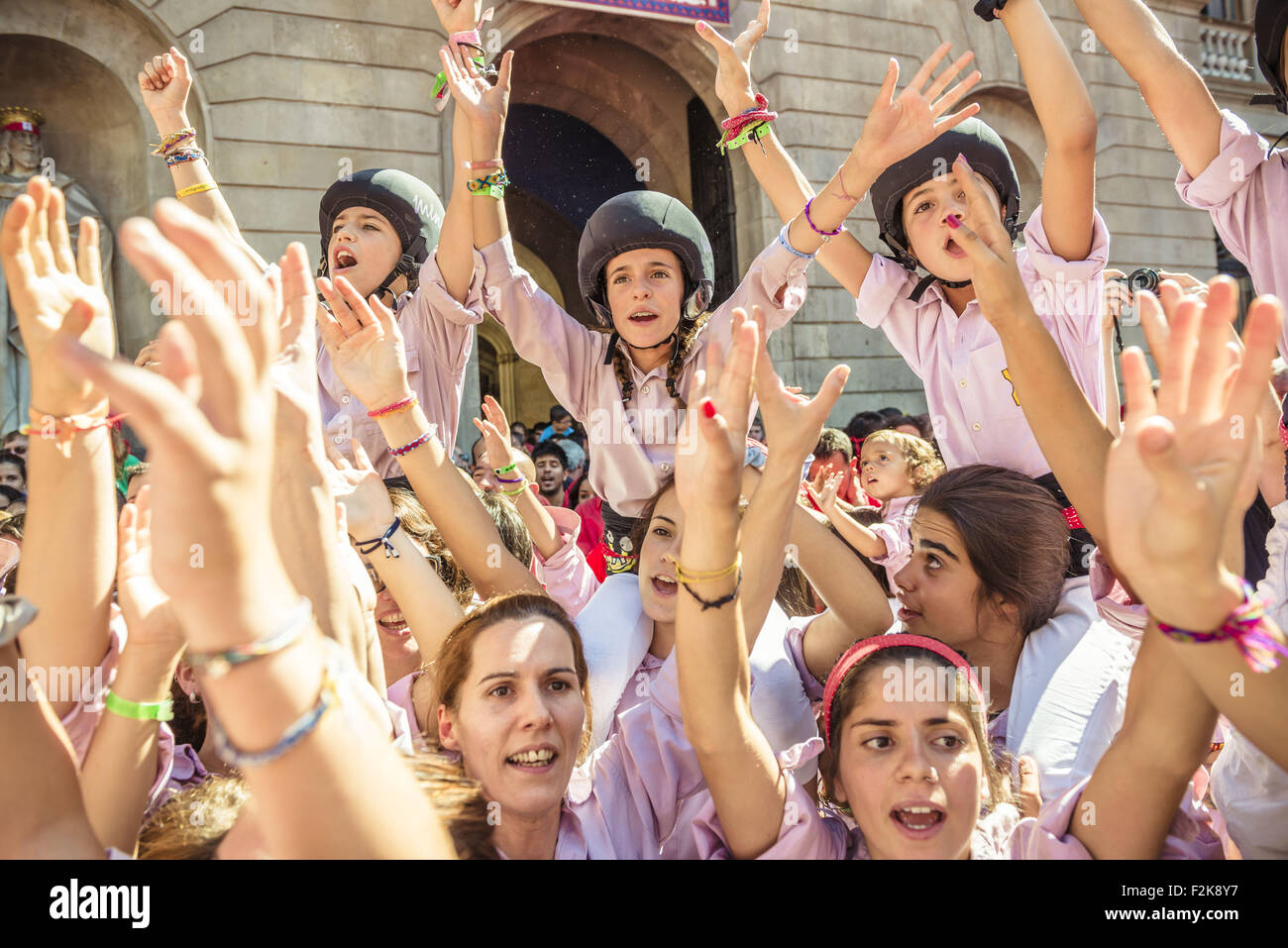 Barcelona, Catalonia, Spain. 20th Sep, 2015. The 'Minyons de Terrassa' celebrate a human tower during the city festival 'La Merce 2015' in front of the town hall of Barcelona. Credit:  Matthias Oesterle/ZUMA Wire/Alamy Live News Stock Photo