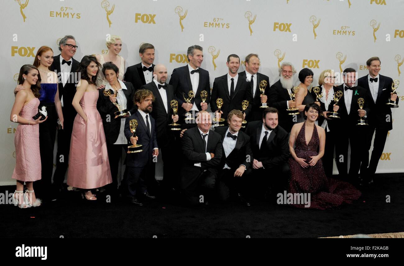 Los Angeles, CA, USA. 20th Sep, 2015. Sophie Turner, Gwendoline Christie, Maisie Williams, Nikolaj Coster-Waldau, Carice van Houten, David Benioff, Peter Dinklage, Conleth Hill, D. B. Weiss, Lena Headey, David Nutter, John Bradley, winner Best Drama Series, GAME OF THRONES in the press room for 67th Primetime Emmy Awards 2015 - PRESS ROOM, The Microsoft Theater (formerly Nokia Theatre L.A. Live), Los Angeles, CA September 20, 2015. Credit:  Elizabeth Goodenough/Everett Collection/Alamy Live News Stock Photo