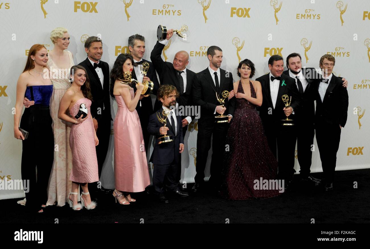 Los Angeles, CA, USA. 20th Sep, 2015. Sophie Turner, Gwendoline Christie, Maisie Williams, Nikolaj Coster-Waldau, Carice van Houten, David Benioff, Peter Dinklage, Conleth Hill, D. B. Weiss, Lena Headey, David Nutter, John Bradley, winner Best Drama Series, GAME OF THRONES in the press room for 67th Primetime Emmy Awards 2015 - PRESS ROOM, The Microsoft Theater (formerly Nokia Theatre L.A. Live), Los Angeles, CA September 20, 2015. Credit:  Elizabeth Goodenough/Everett Collection/Alamy Live News Stock Photo