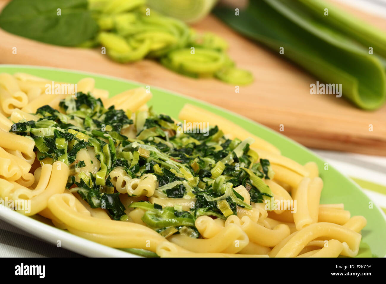 Pasta with Spinach and Leek Stock Photo Alamy