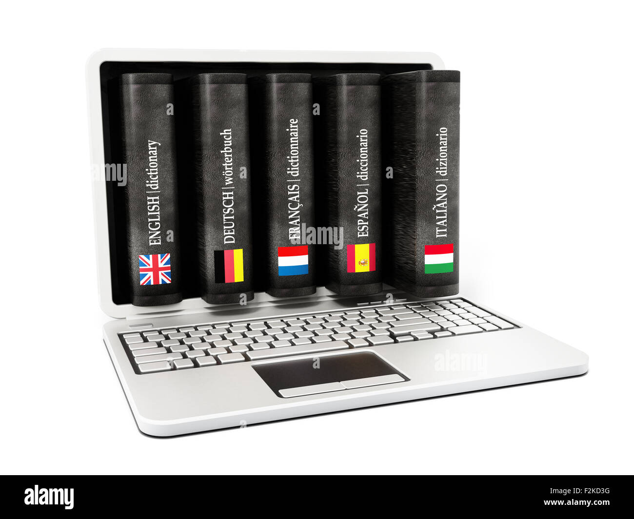 Dictionaries inside laptop computer screen isolated on white background ...
