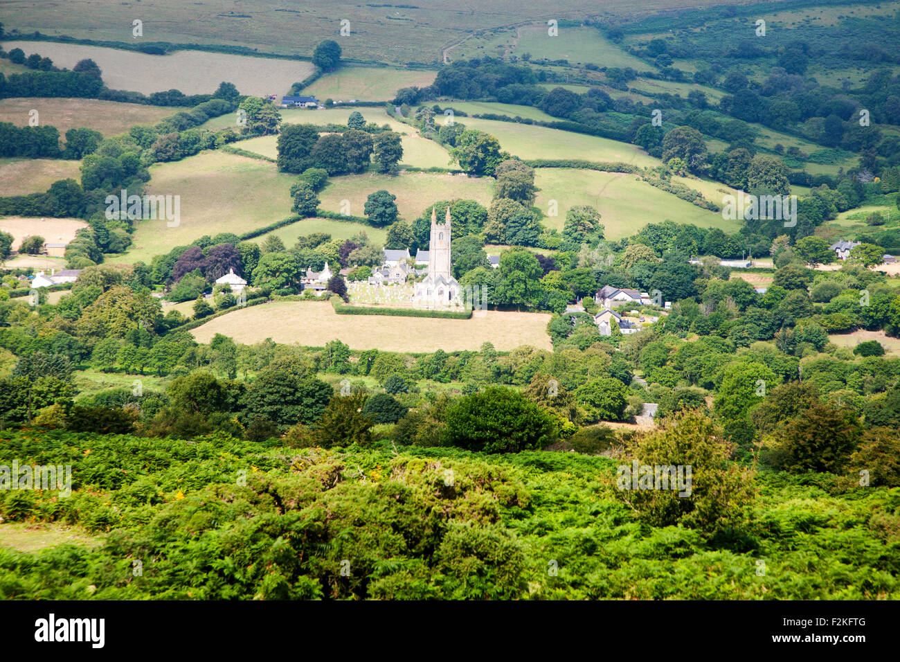 Saint Pancras church and the village of Widecombe-in-the-Moor, Dartmoor national park, Devon, England, UK Stock Photo