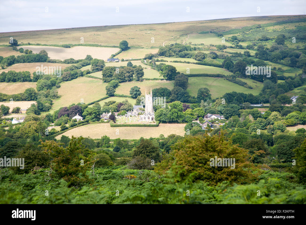 Saint Pancras church and the village of Widecombe-in-the-Moor, Dartmoor national park, Devon, England, UK Stock Photo