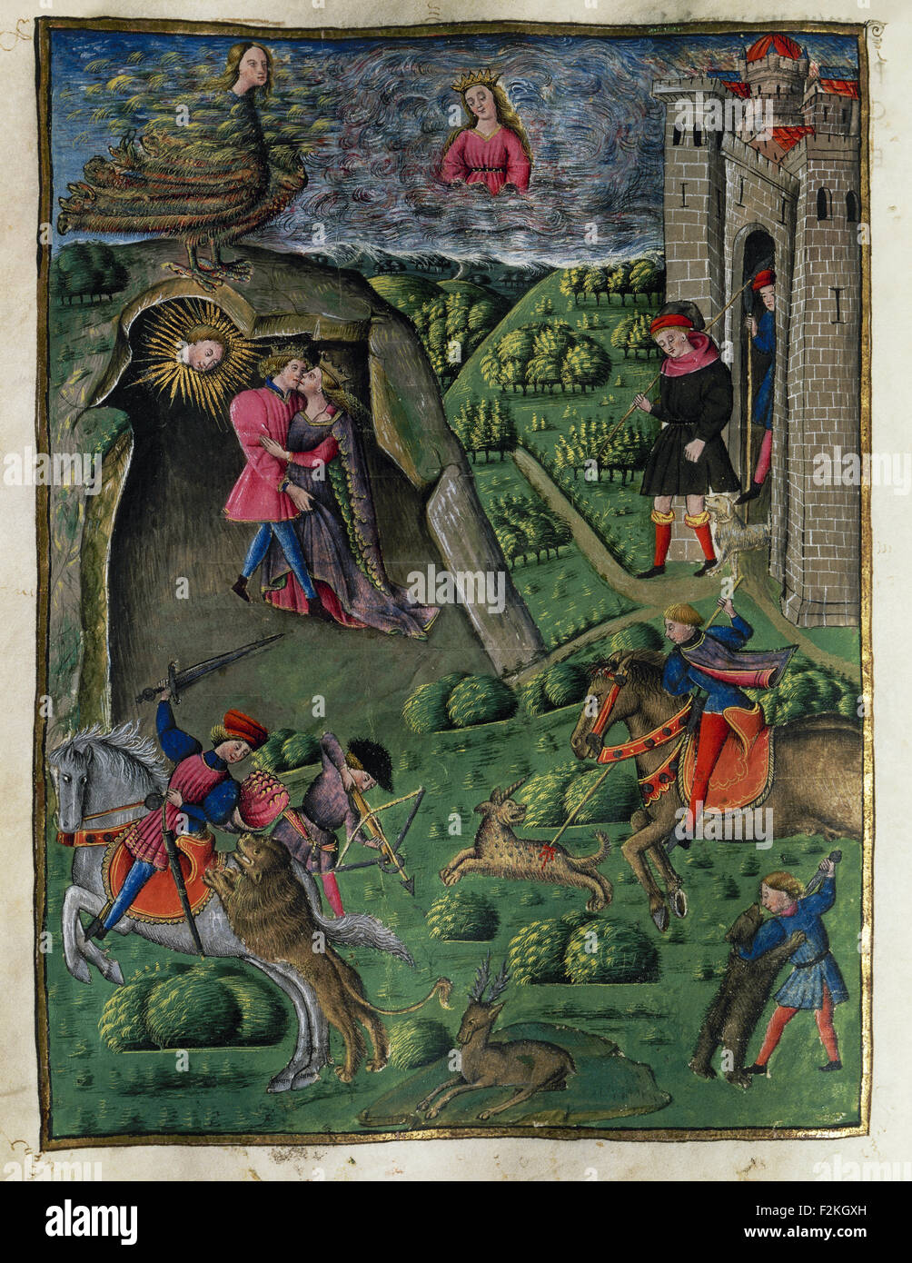Virgil (70Bc-19 BC). Ancient Roman poet. The Aeneid. Miniature.  15th century. VI book. Dido falls in love with Aeneas. History Library of the University of Valencia. Spain. Stock Photo