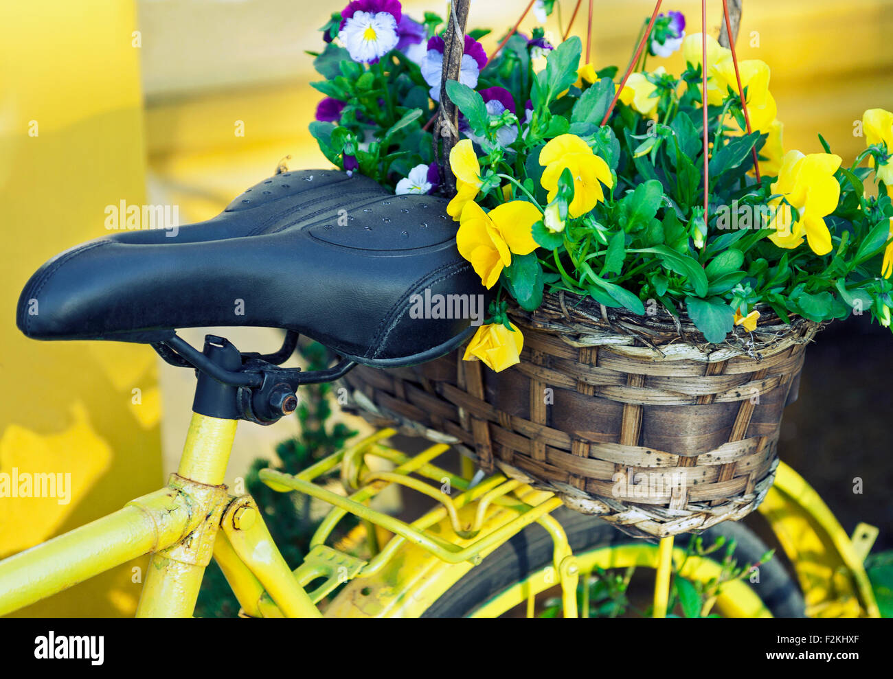 Yellow bicycle decorated with basket full of flowers Stock Photo Alamy