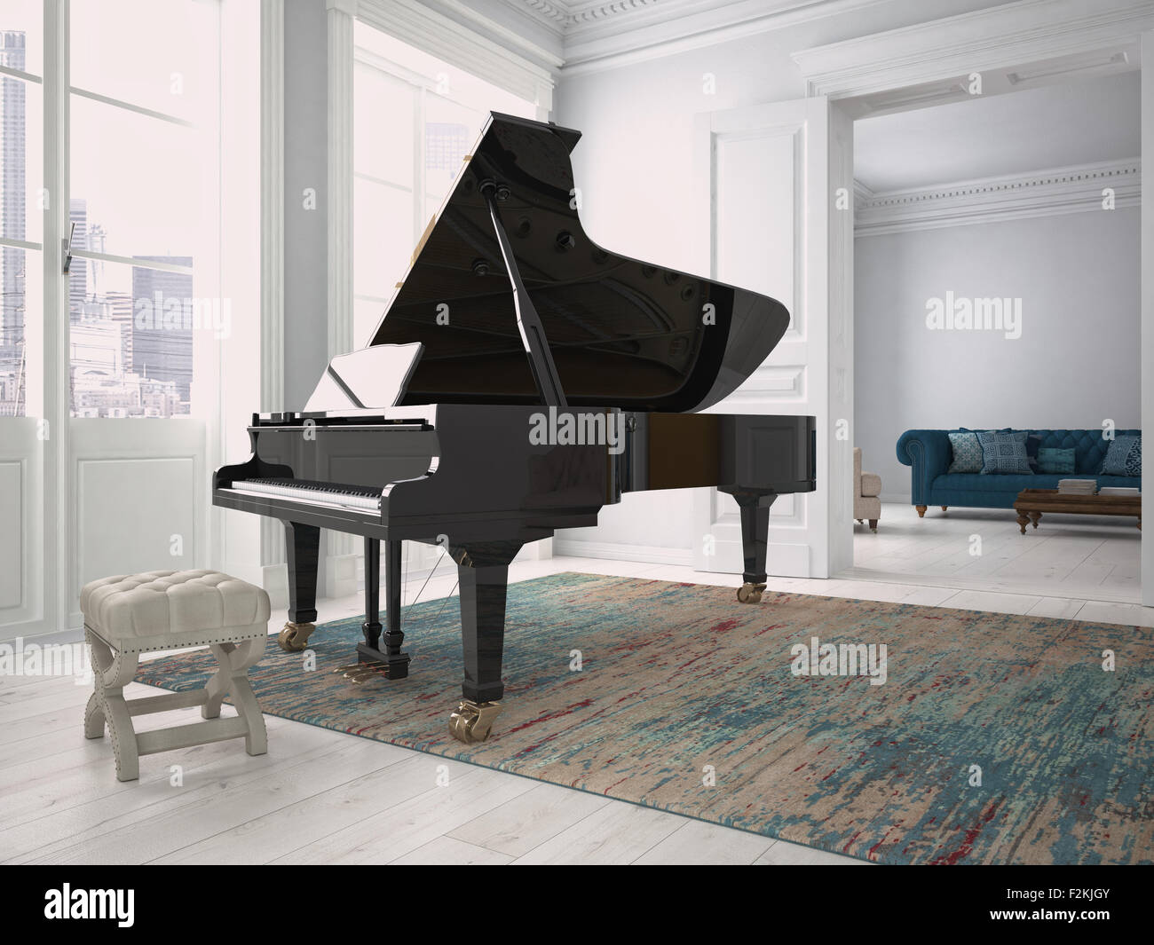 Black piano in a living room. 3d rendering Stock Photo - Alamy
