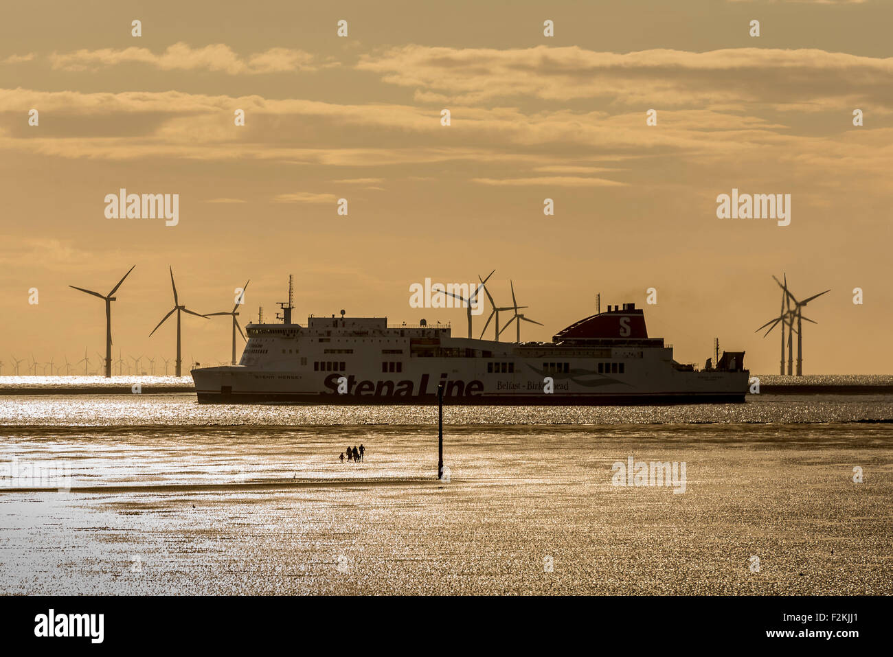 Sunset. Crosby beach River Mersey Merseyside North West England.  Ro Ro ferry Stena Mersey Stock Photo