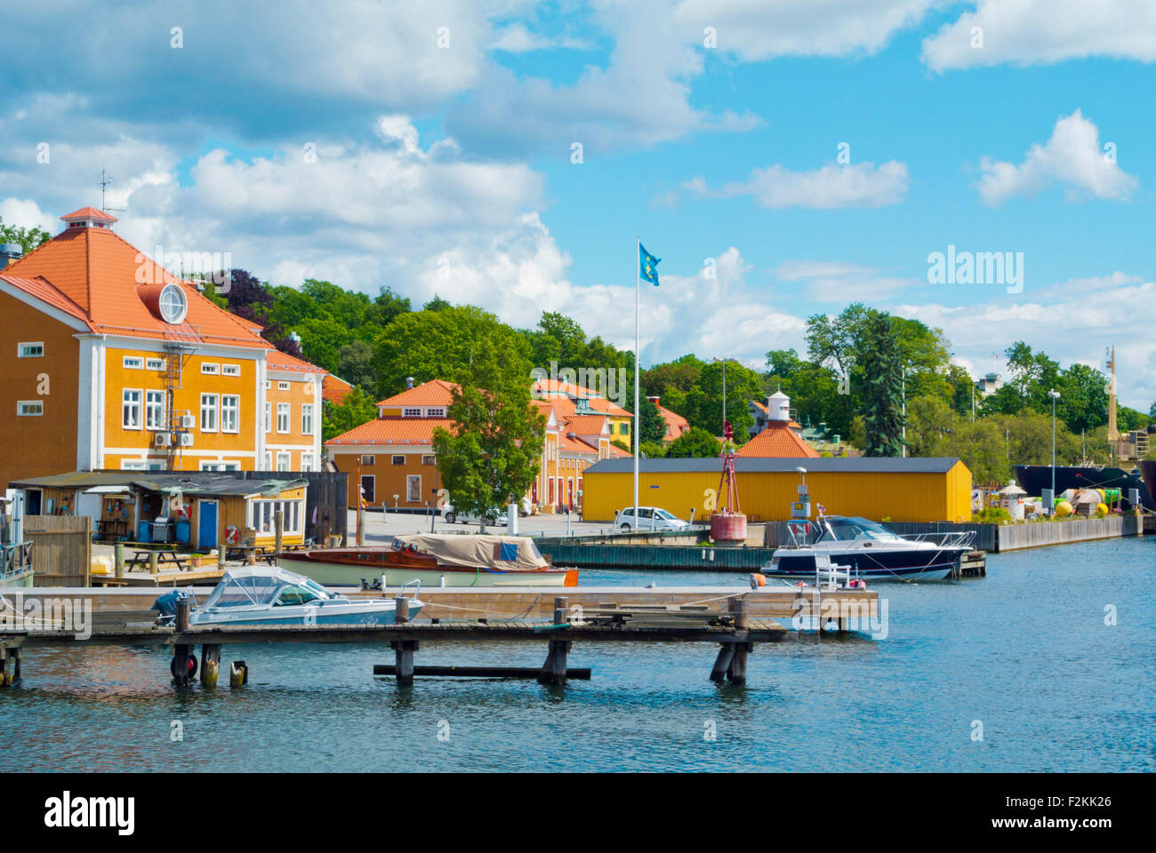 Harbour area, on shores of Waldemarsviken, Djurgården island, Stockholm, Sweden Stock Photo