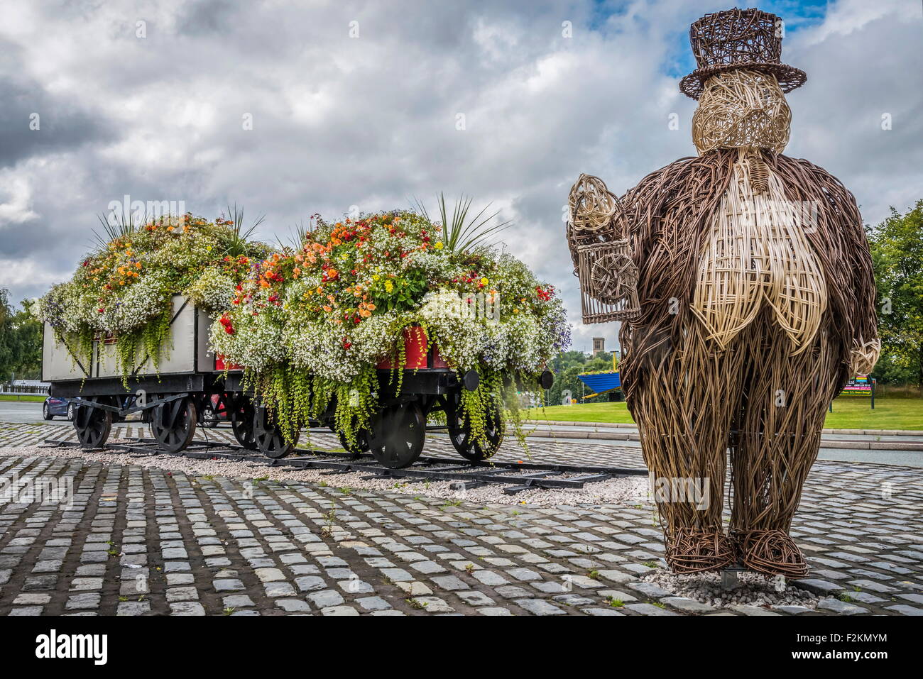 The Fat Controller in wicker as part of the floral displays around Bury town centre with floral railway wagons. Stock Photo