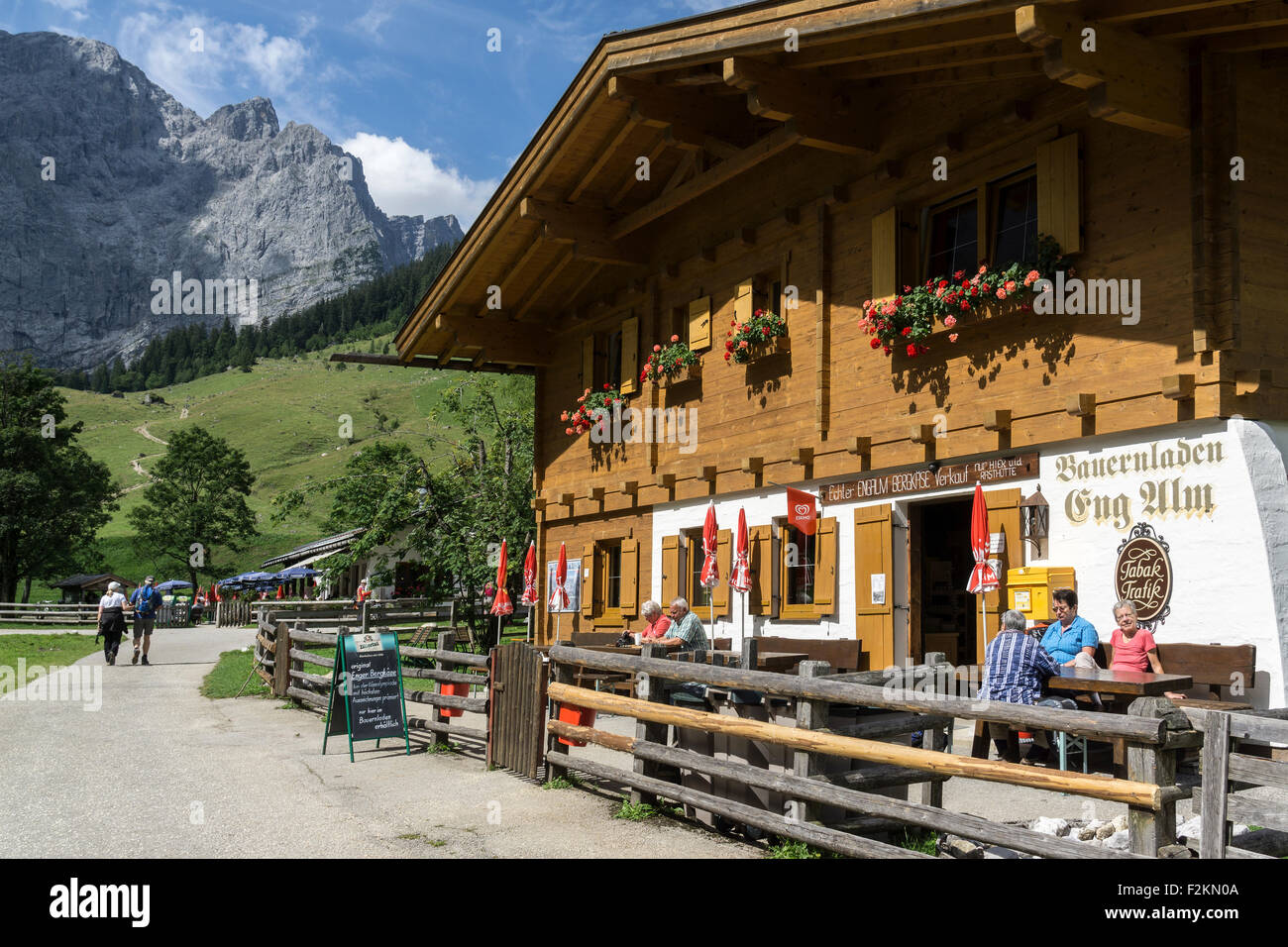 Farmhouse, farm shop, Almdorf Eng, Eng-Alm, Karwendel, Tyrol, Austria ...