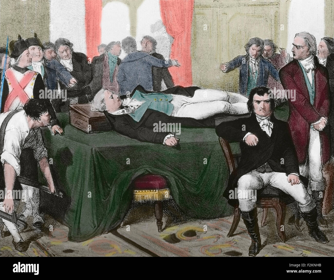 Maximilien Robespierre (1758-1794). French lawyer and politician. Figure of the French Revolution. Member of Jacobin Club. Executed by guillotine, 1794. Corpse exhibited at the Paris City Hall. Colored engraving. Stock Photo