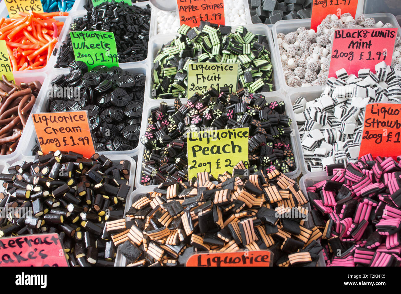 Boxes of liquorice sweets for sale on a market stall in Skipton, West