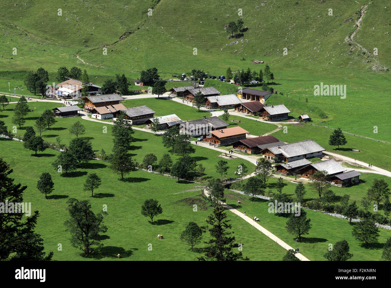 View of the farmhouses, mountain houses, Almdorf Eng, Eng Alm, Karwendel, Tyrol, Austria Stock Photo