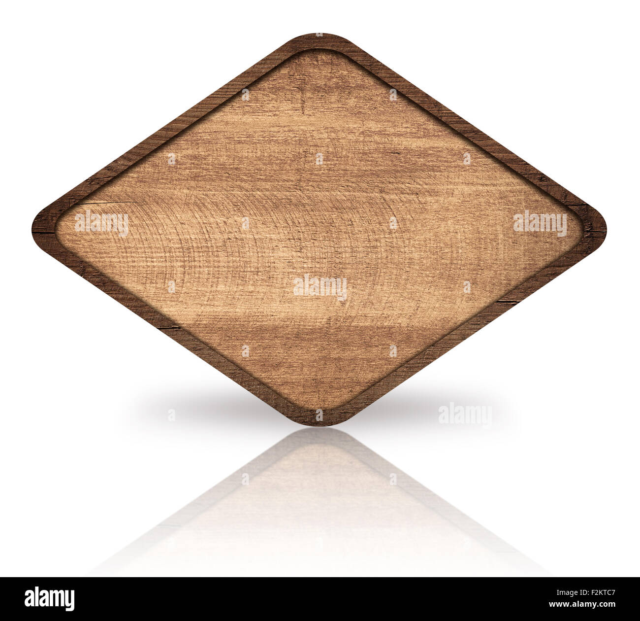 Brown wooden rhombus with dark frame, signboard and reflection on glass table Stock Photo