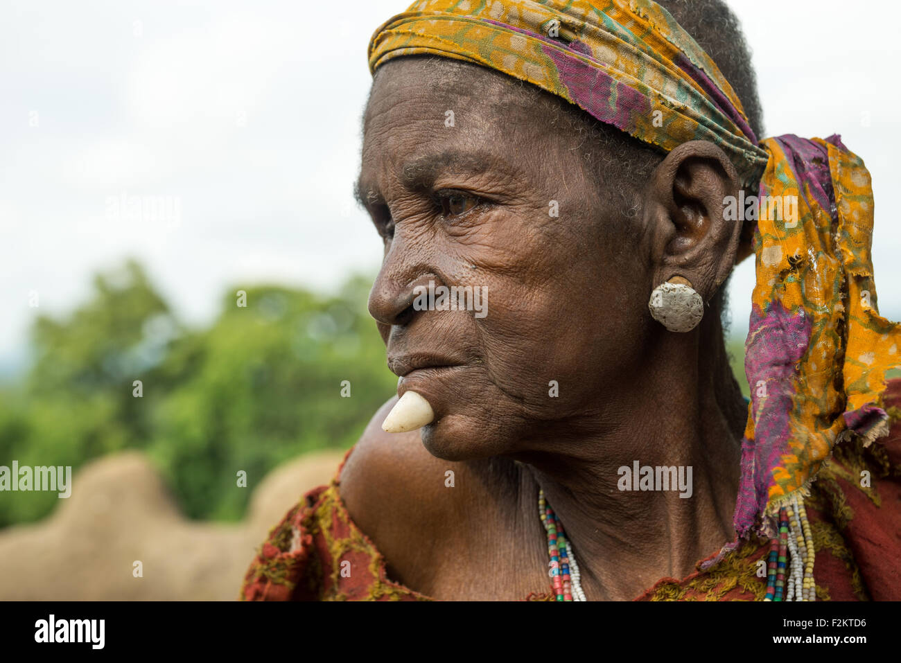 Togo, West Africa, Nadoba, tamberma somba tribe woman with a stone in the chin as decoration Stock Photo