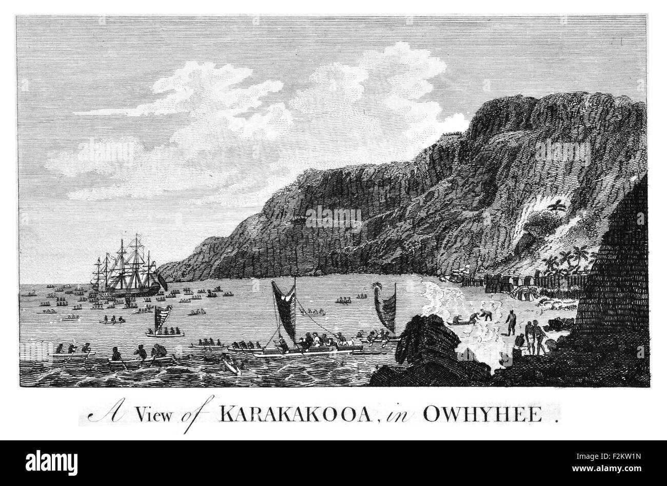 Captain James Cook FRS  1728 1779  British explorer, navigator, cartographer, captain Royal Navy. Karakakooa in Owhyhee  ship and native boats Stock Photo