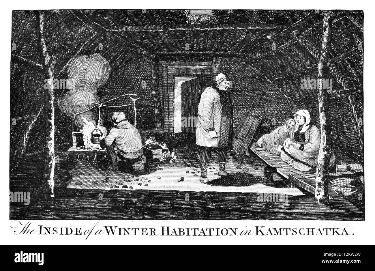 Captain James Cook FRS  1728 1779  British explorer, navigator, cartographer, captain Royal Navy. Winter Habitation home Kamtschatka family cooking Stock Photo
