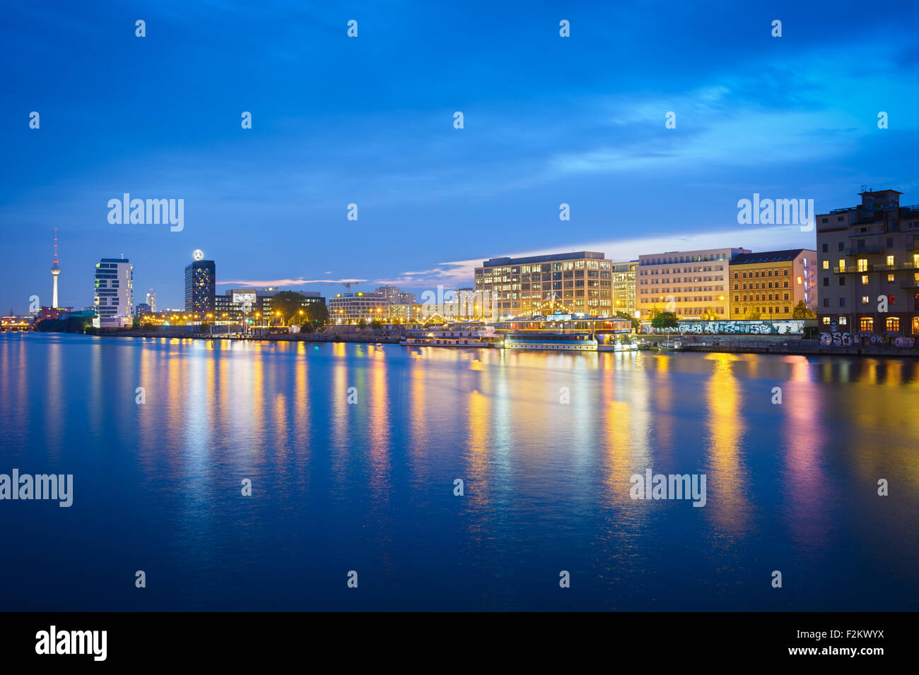 Skyline of East-Berlin during the blue hour Stock Photo