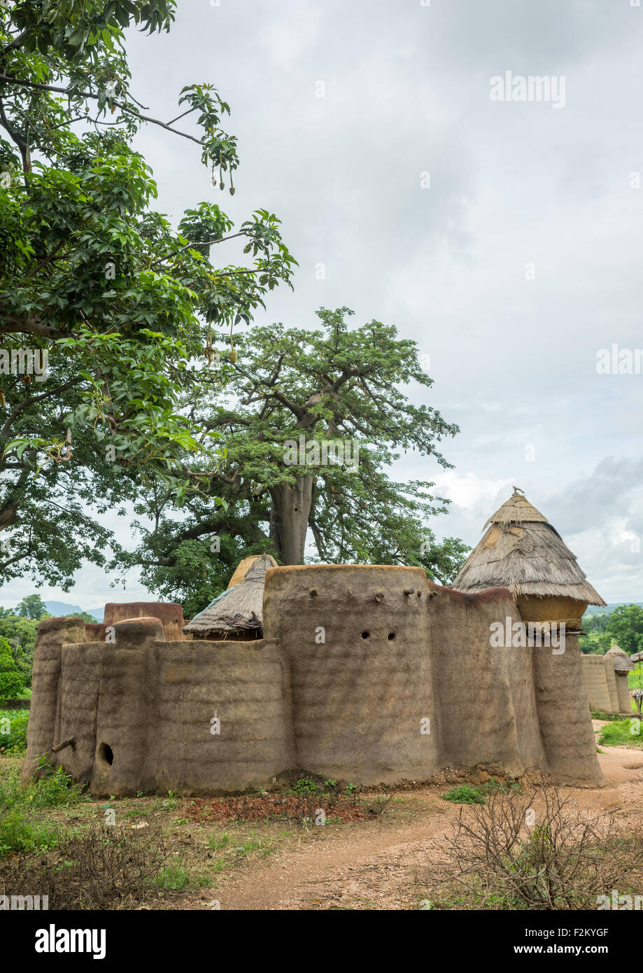 Togo, West Africa, Nadoba, traditional tata somba houses with thatched roofs and granaries Stock Photo