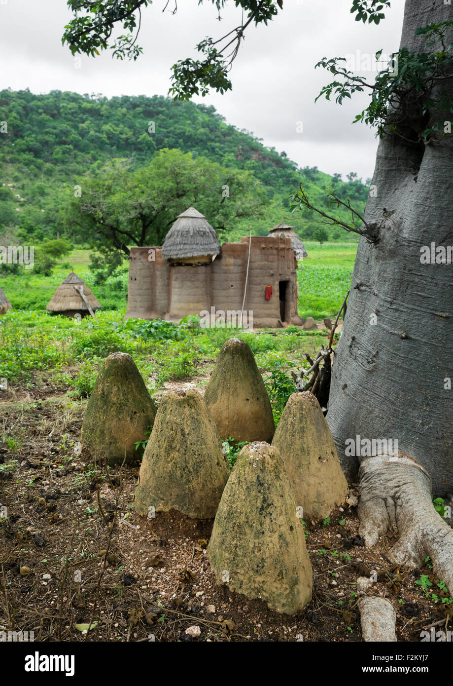 Togo, West Africa, Nadoba, voodoo altars in front of a traditional tata