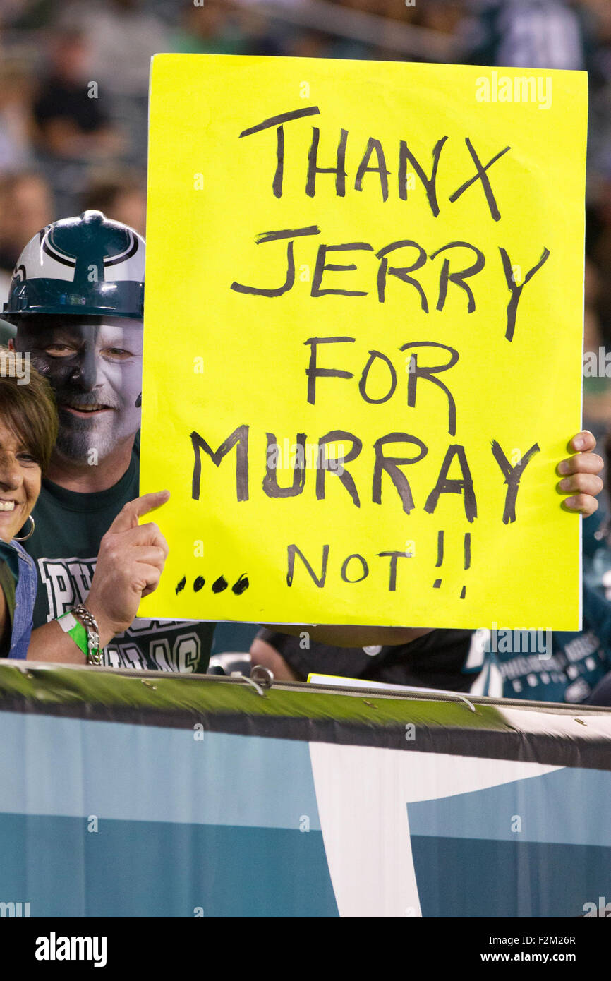September 20, 2015: Philadelphia Eagles fan with a sign for Dallas Cowboys owner Jerry Jones about Philadelphia Eagles running back DeMarco Murray (29) during the NFL game between the Dallas Cowboys and the Philadelphia Eagles at Lincoln Financial Field in Philadelphia, Pennsylvania. The Dallas Cowboys won 20-10. Christopher Szagola/CSM Stock Photo