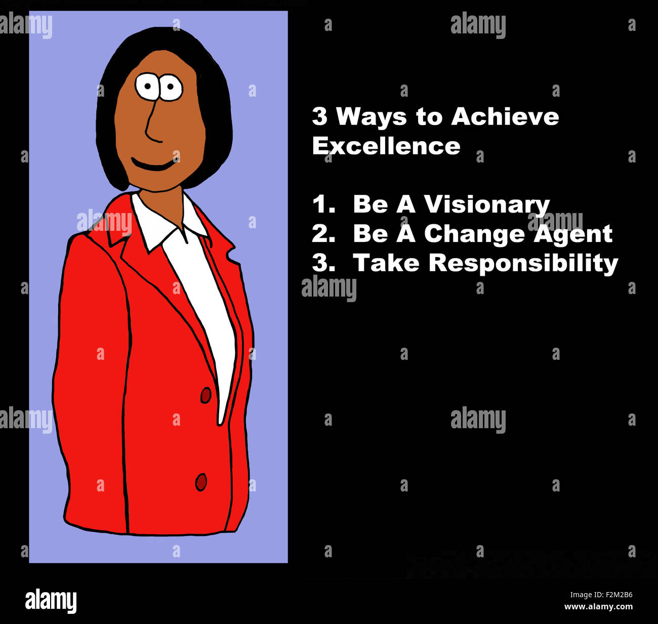 Business illustration of businesswoman and the words, '3 ways to achieve excellence: visionary, change agent, responsibility'. Stock Photo
