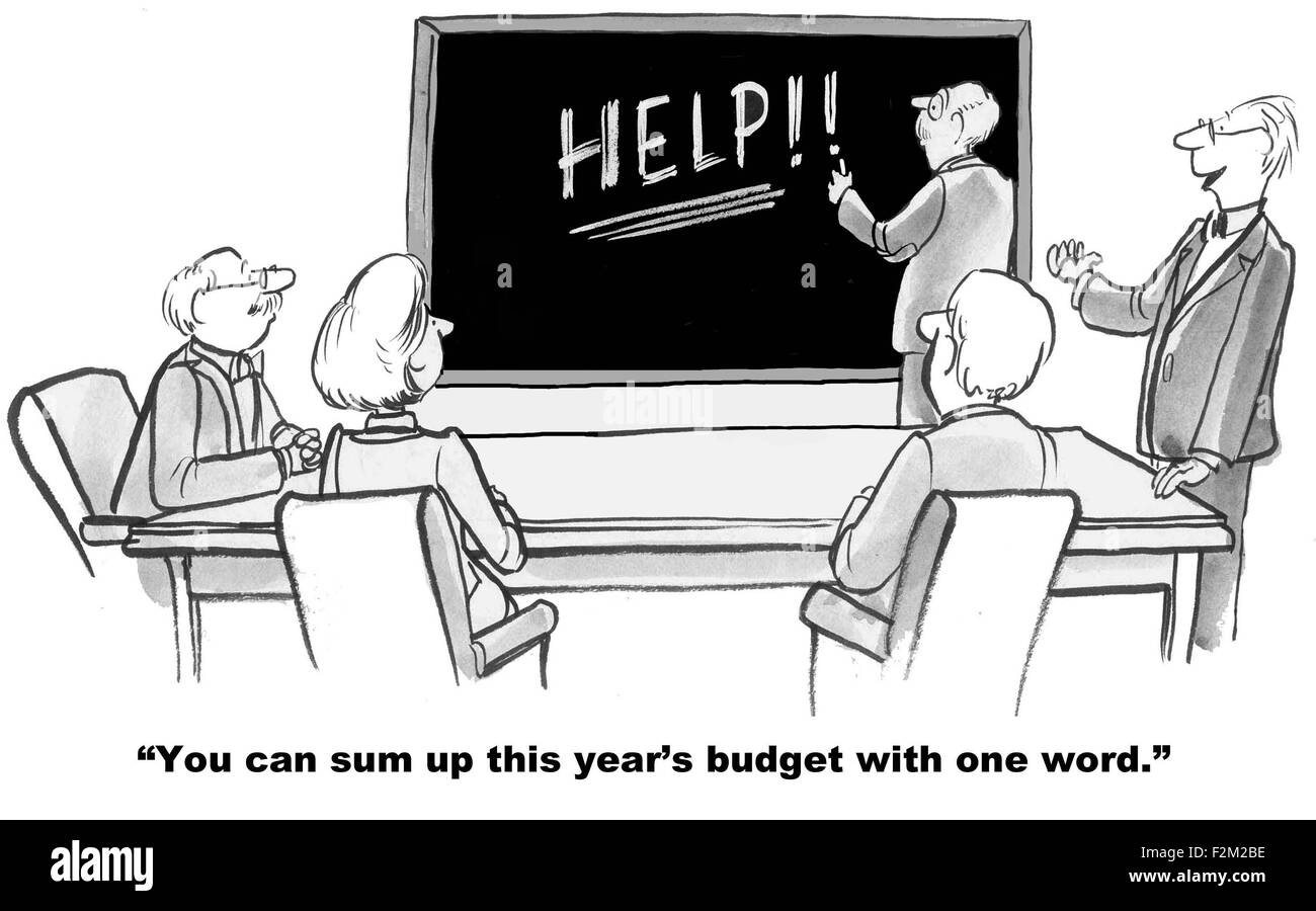 Business cartoon of people in a meeting, the word 'Help' and manager saying, "You can sum up this year's budget with one word'. Stock Photo