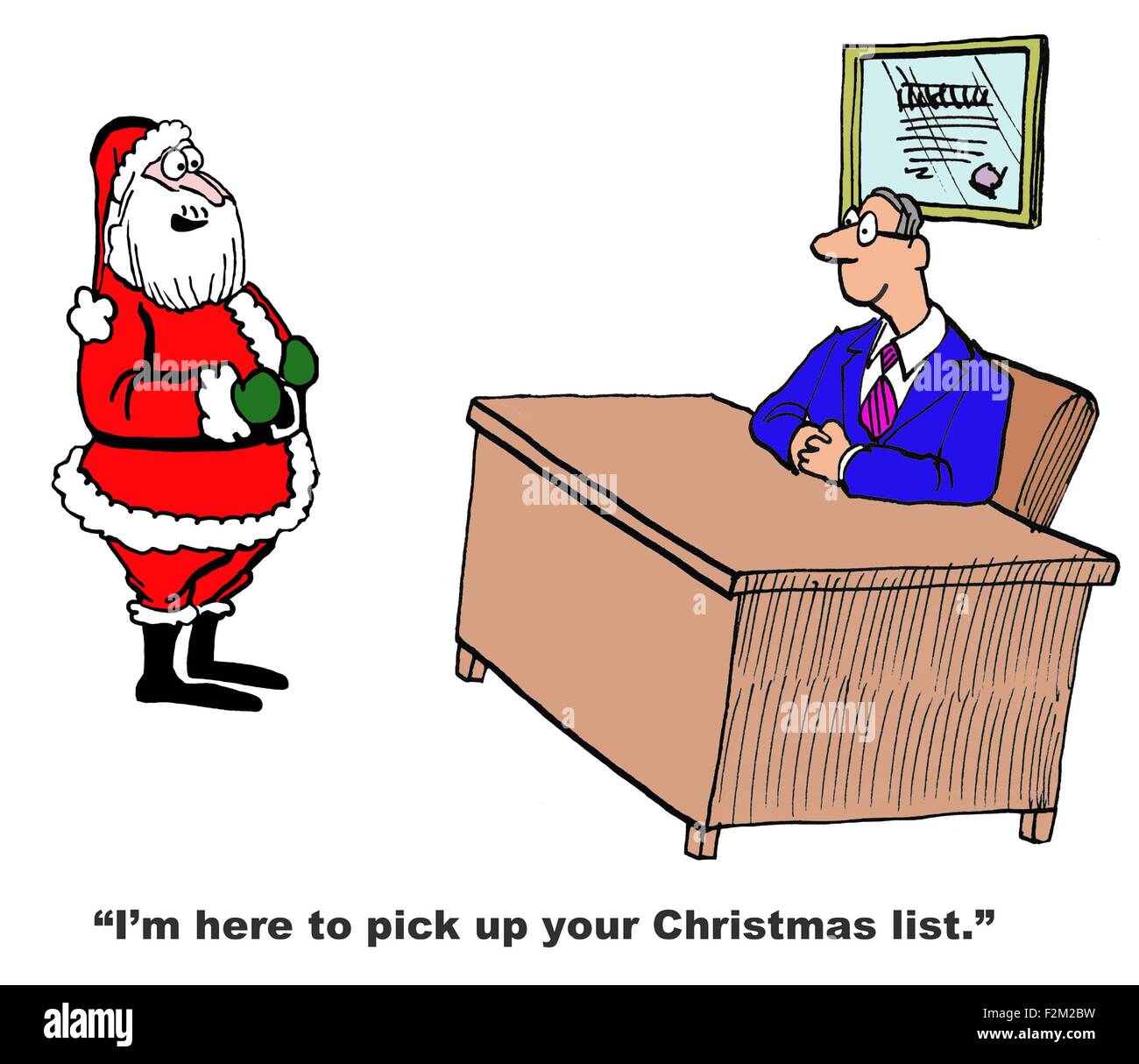 Christmas cartoon showing Santa Claus saying to manager, 'I'm here to pick  up your Christmas list' Stock Photo - Alamy