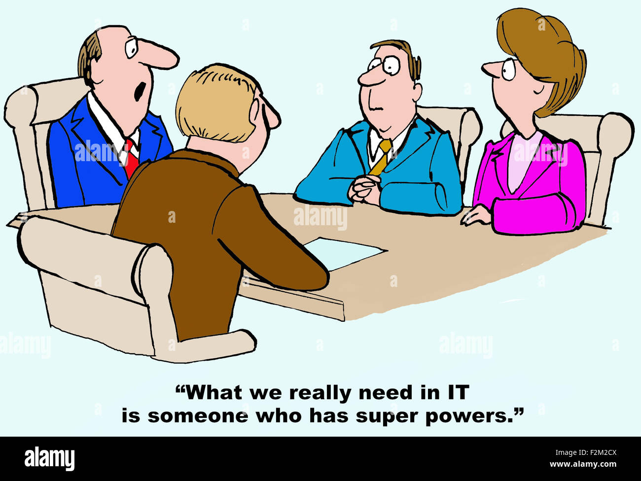 Technology and business cartoon of meeting and boss saying, 'What we really need in IT is someone who has super powers.' Stock Photo