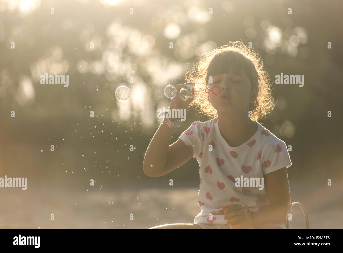 Little girl making soap bubbles in the park at twilight Stock Photo - Alamy